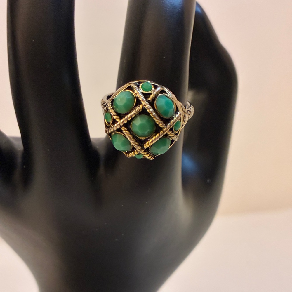 Beautiful Vintage Domed Faux Turquoise Ring In Gold Tones adjustable lot# 368